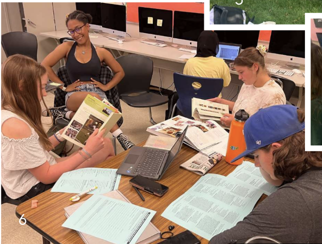 Members of the 2023-2024 yearbook staff admiring their yearbook. Photo courtesy of Lin. 